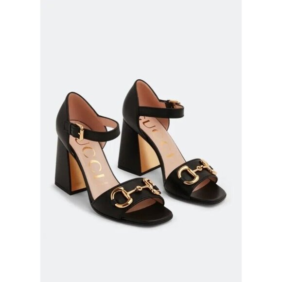 NEW GUCCI JUMBO HEELS HORSEBIT BLACK LEATHER GOLD SZ 38.5 Sandals Shoes - Picture 1 of 13